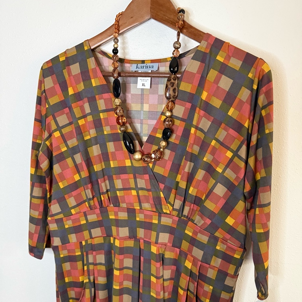 Karina Plaid Faux Wrap Dress Fall Colors Stretch Travel Dress M - Picture 2 of 12